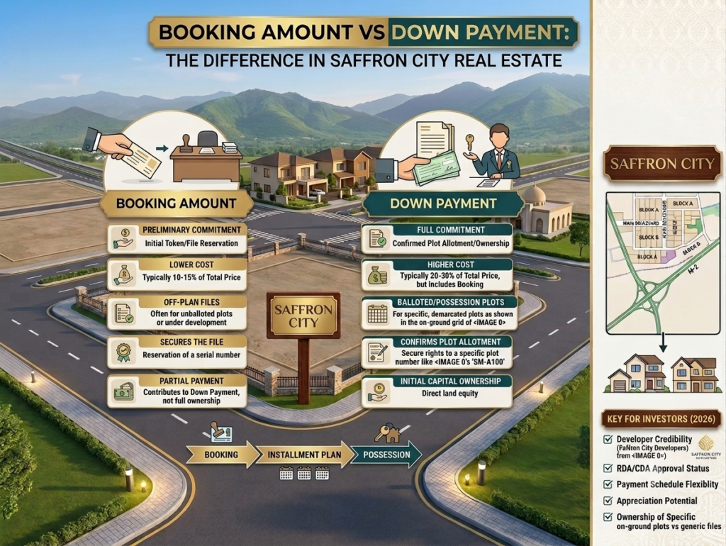 "Booking amount vs down payment comparison chart for Pakistani real estate plot buyers"