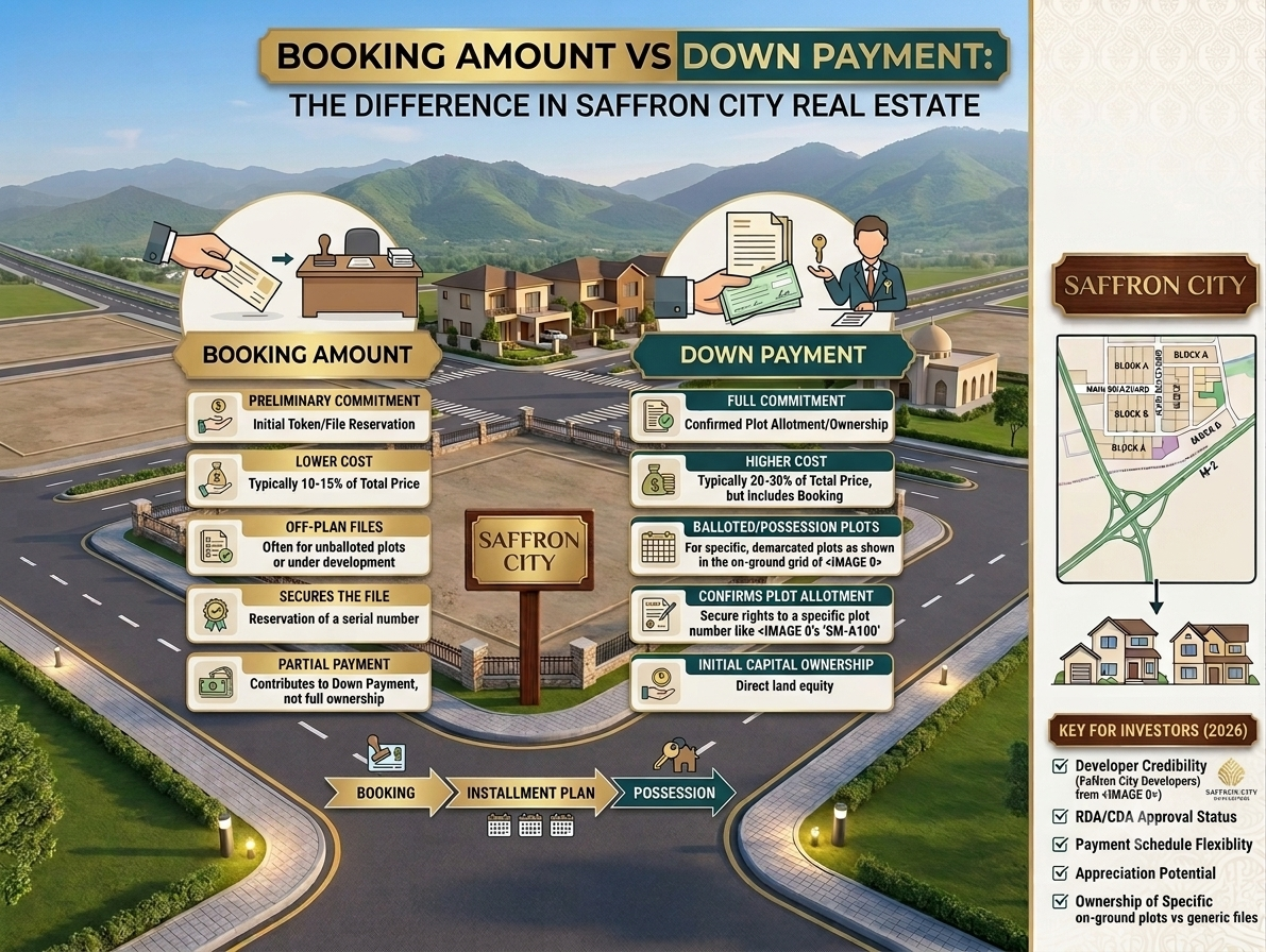 "Booking amount vs down payment comparison chart for Pakistani real estate plot buyers"